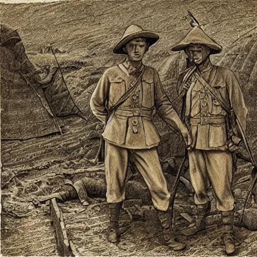 Image similar to ultra detailed photorealistic sepia - toned line drawing from 1 9 1 7, three british soldiers standing at an archaeological dig site in wadi rum, ultra realistic, painted, intricate details, lovecraft, atmospheric, dark, horror, brooding, highly detailed, by clyde caldwell