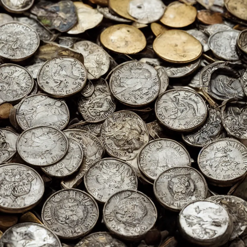 Prompt: a small metal box, filled with rare and valuable coins, indoors, photograph