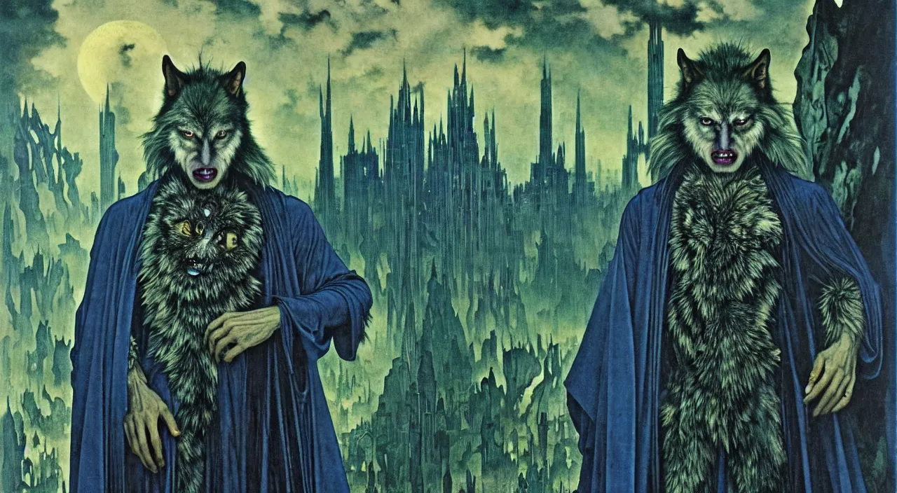 Prompt: realistic detailed portrait movie shot of a wolfman wearing dark robes, sci fi city landscape background by denis villeneuve, amano, yves tanguy, alphonse mucha, ernst haeckel, max ernst, roger dean, masterpiece, rich moody colours, blue eyes, occult
