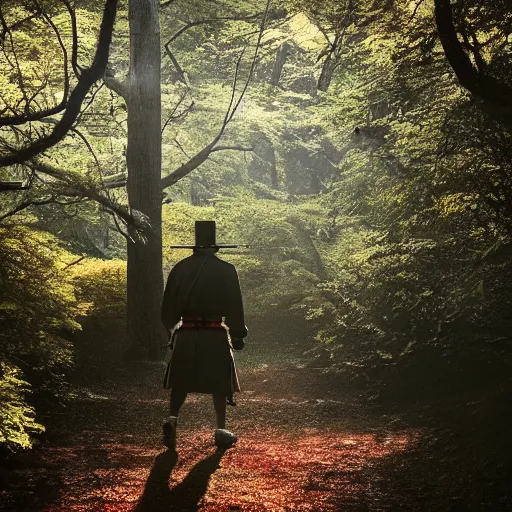 Prompt: a samurai walks alone through the woods at day, bright, sunny, atmospheric, cinematic lighting, intricate detail?