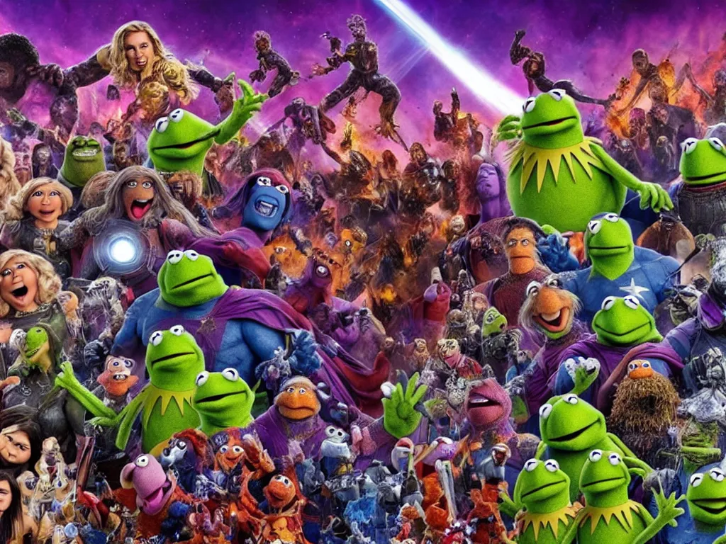 Image similar to The Muppets in the final fight against Thanos, Avengers Endgame, epic, cinematic