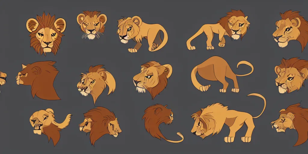 Prompt: game asset of unique lion heads on black background, organic, animated disney movie palette, animated disney movie black inking, toon shading, 5 colors, solid colors, flat 2 d design, 2 d sprites, 8 k, close up