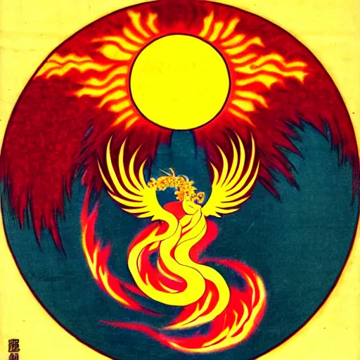 Image similar to Japanese art, phoenix in fire, sun, flowers, Venus, feminism, eggs