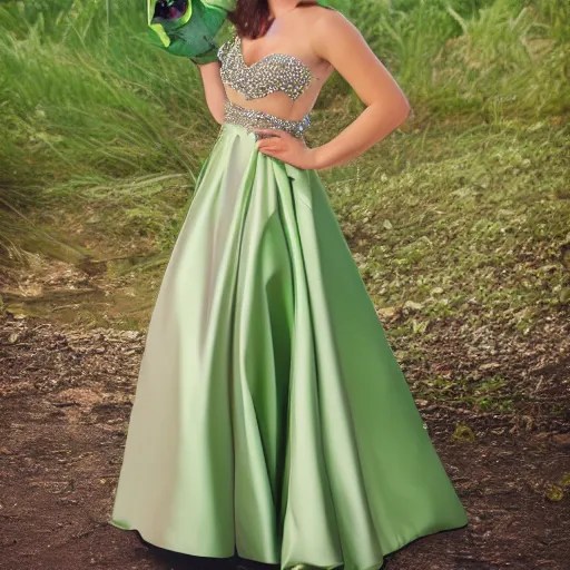 Image similar to frog wearing a prom dress, 4k photography