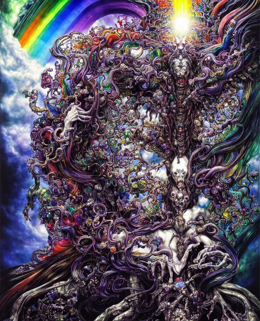 Image similar to realistic detailed image of ultra wrathful rainbow diamond iridescent mega god of chaos, depth perception, depth of field, action horror by ayami kojima, neo - gothic, gothic, part by adrian ghenie and gerhard richter. art by yoshitaka amano. masterpiece