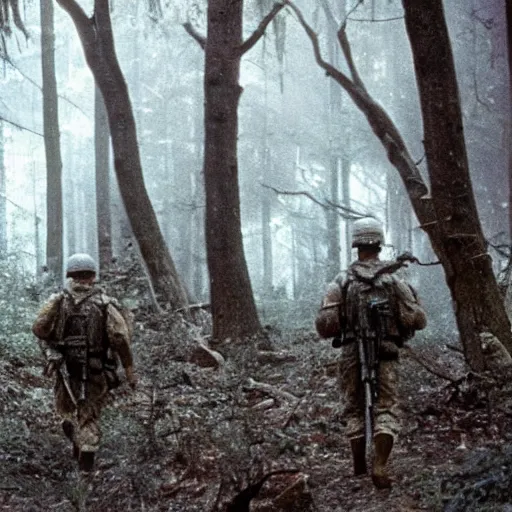 Prompt: wide shot, a squad of American Soldiers patrolling deep in the thick, forest, painting, colored, eerie, ominous, Lovecraftian, eldritch horror, 1969