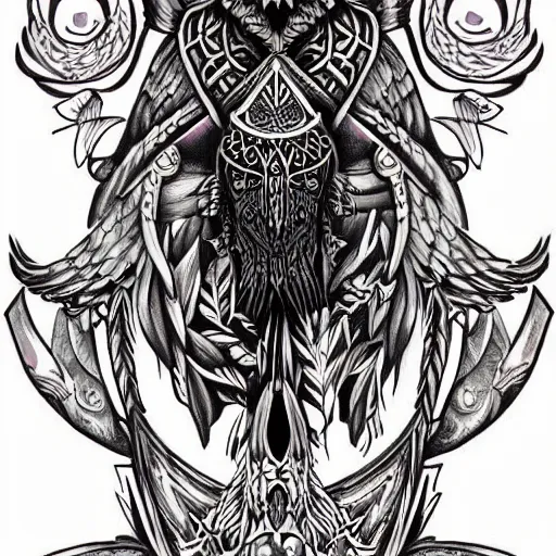 Image similar to raven mystic occult, symbolism mythos, highly detailed line tattoo, real tattoo, realistic realism, design concepts