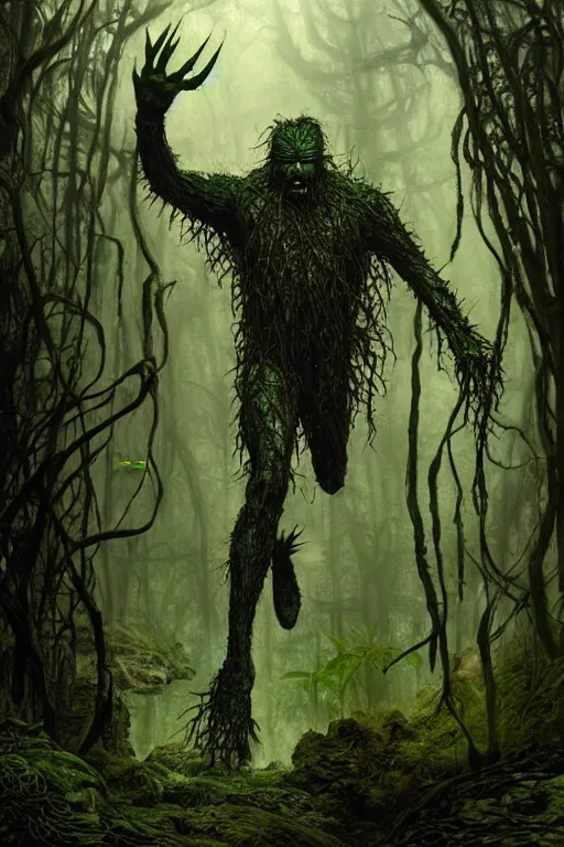 Image similar to realistic photo of the swamp thing, through the creepy forest, on the way lies a rotting corpse among the rocks. and he takes it in his hands. deep focus, intricate, elegant, highly detailed, digital painting, station art, concept art, matte, sharp focus, illustration, art by artgerm and greg rutkowski and alphonse mucha