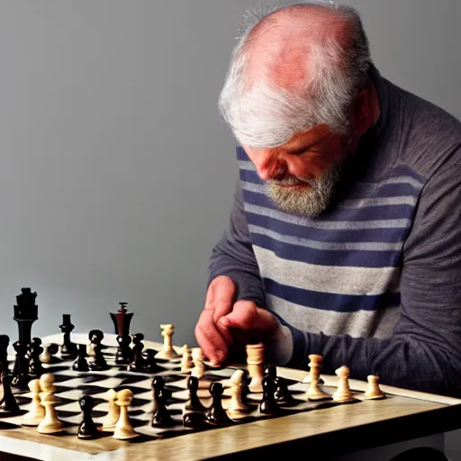 Prompt: a photo of an englishman named jaquasa moving a chess piece on the board and on his side there is a bowl of brown rice with a spoon inside eat, jaquasa is very upset as he is losing the game