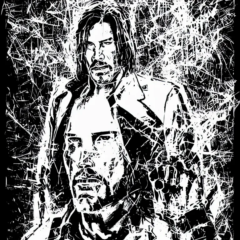 Image similar to keanu reeves, a page from cyberpunk 2 0 2 0, style of paolo parente, style of mike jackson, adam smasher, johnny silverhand, 1 9 9 0 s comic book style, white background, ink drawing, black and white, mid - shot