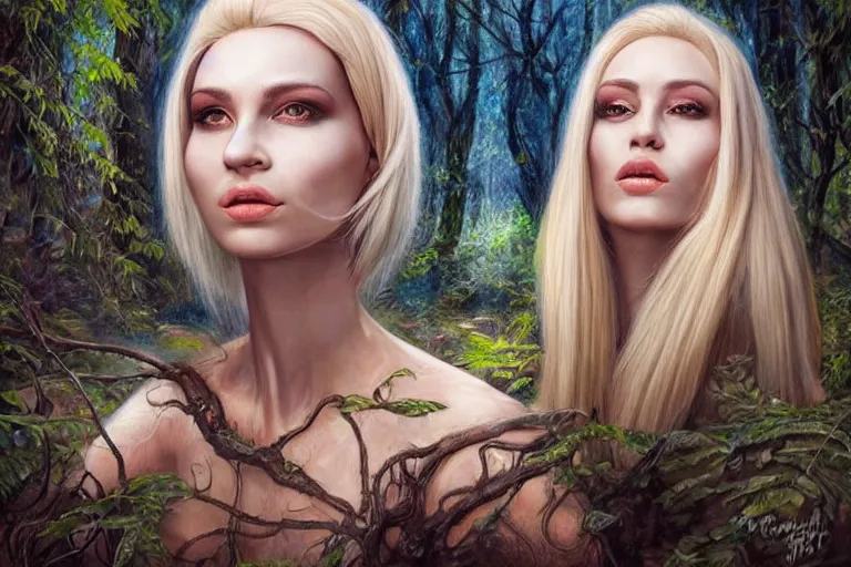 Image similar to realistic detailed portrait painting of a beautiful ghost woman with blond hair with an alien, futuristic sci-fi forest on background