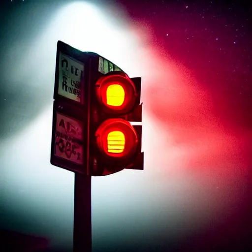 Image similar to A stunningly beautiful award-winning 8K high angle close up cinematic movie photograph of a 4-way stop light in a spooky foggy empty lightless moonlit main intersection in an abandoned 1950s small town at night, by David Fincher and Darius Khonji, perfect composition, from roofline, moody low key backlit. Color palette from Seven, greens yellows and reds. 2 point perspective, high angle from 15 feet off the ground. Octane render