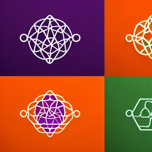 Image similar to a logo design based on electron oribals, radial symmetry, simplistic, orange and purple color scheme