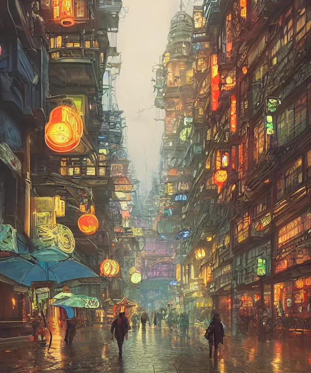 Image similar to insane perspective of colorful street vue from steampunk tokyo prague, intricate details, realistic shaded , humid ground, highly detailed, artstation, painting by François Schuiten and moebius, disney fantasy style, people and creatures walking, volumetric light, neon lights, rainy mood