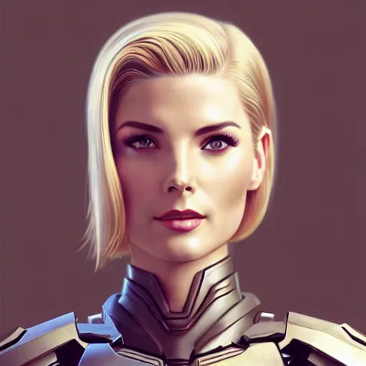 Image similar to A combination of Ashley Greene's and Ada Wong's and Grace Kelly's appearances with blonde hair wearing Forerunner armor from Halo, high tech, action shot, angular, full body portrait, futuristic, dramatic, fantasy, intricate, elegant, highly detailed, artstation, matte, sharp focus, 8K, art by Artgerm and Greg Rutkowski and Alphonse Mucha