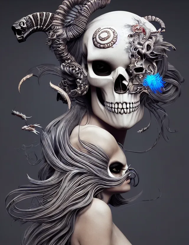 Image similar to 3 d goddess skull half - turn portrait with long hair with ram skull. beautiful intricately detailed japanese crow kitsune mask and clasical japanese kimono. betta fish, jellyfish phoenix, bio luminescent, plasma, ice, water, wind, creature, artwork by tooth wu and wlop and beeple and greg rutkowski