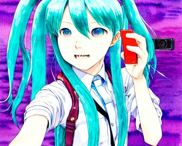 Image similar to a high detail watercolor of Hatsune Miku taking a selfie by Yukito Kishiro and katsuhiro otomo, illustration, hyper-detailed, colorful, complex, intricate, masterpiece, epic