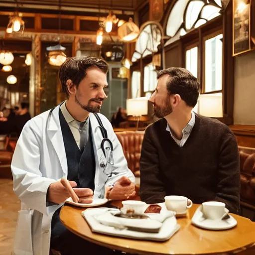 Image similar to A beautiful aesthetic portrait of an engineer and a doctor sitting in a victorian style cafe in Miami, 8k,