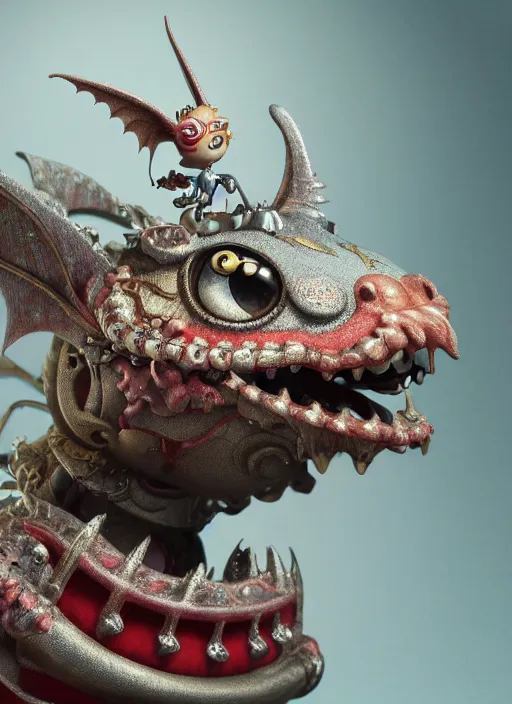 Image similar to highly detailed closeup portrait of a tin toy fairytale dragon, unreal engine, nicoletta ceccoli, mark ryden, earl norem, lostfish, hyung tae, frank frazetta, global illumination, detailed and intricate environment