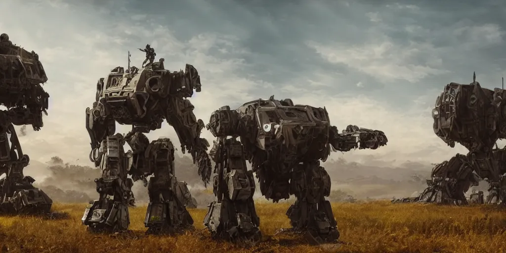 Image similar to large mech war machine walking through the countryside, cinematic lighting, dramatic camera angle, highly detailed concept art. realistic render