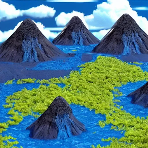 Image similar to Beautiful landscape with volcanos with blue lava and flying monsters