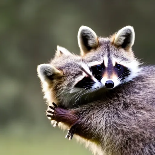 Prompt: an 8k photo of a raccoon hugging a fox