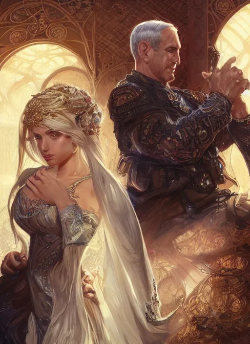 Prompt: beautiful benjamin netanyahu and sara netanyahu, closeup, d & d, fantasy, intricate, elegant, highly detailed, digital painting, artstation, concept art, matte, sharp focus, illustration, art by artgerm and greg rutkowski and alphonse mucha