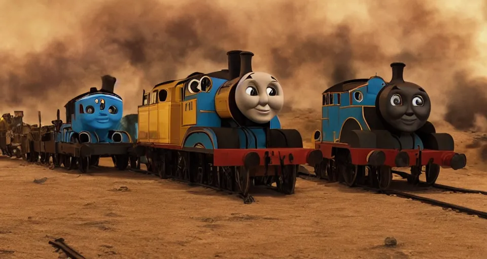 Image similar to Thomas the Tank Engine in the fiery wasteland of MAD MAX: FURY ROAD