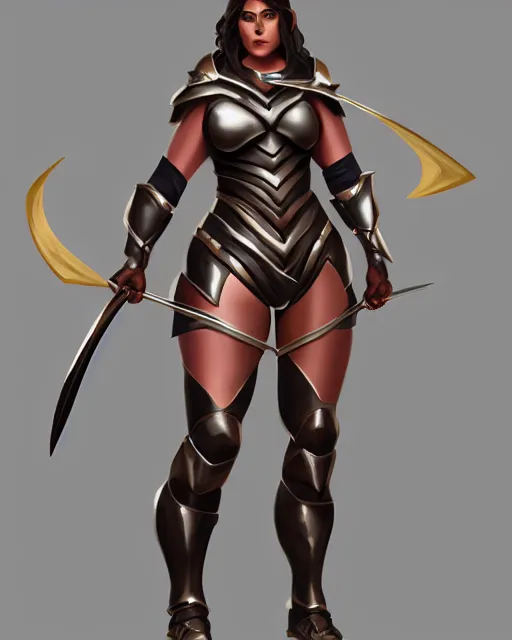 Image similar to concept art of a thicc female futurstic warrior, smooth slim fitted armor, sleek design, aerodynamic design, holding a large futurstic bow | | epic - fine - clean, polished, trending on artstation, brush strokes