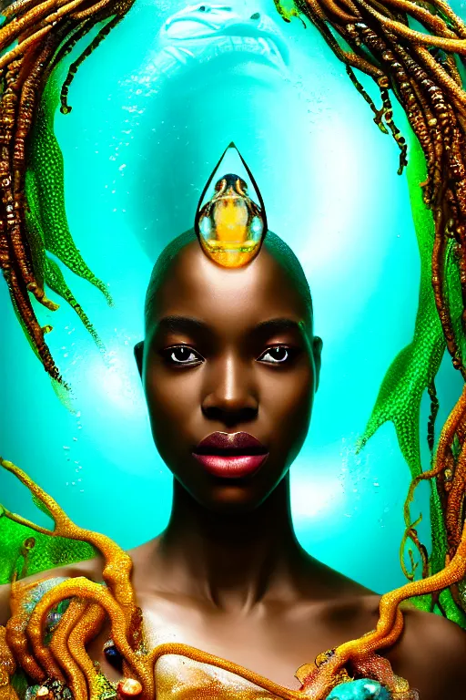 Image similar to hyperrealistic cinematic wide shot of very expressive! translucent!! african goddess, underwater scene with fish and algae, gold jewerly, highly detailed face, digital art masterpiece, eric zener cam de leon, dramatic pearlescent turquoise light on one side, low angle uhd 8 k, shallow depth of field