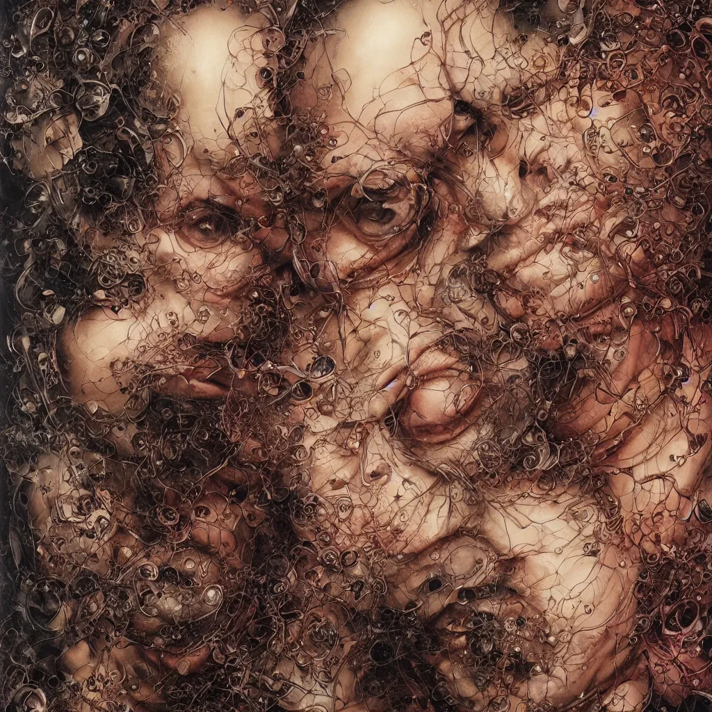 Prompt: realistic detailed image of a bald chubby bearded man with thick glasses by Ayami Kojima, Amano, Karol Bak, Greg Hildebrandt, and Mark Brooks, Neo-Gothic, gothic, rich deep colors. Beksinski painting, part by Adrian Ghenie and Gerhard Richter. art by Takato Yamamoto. masterpiece