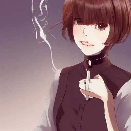 Prompt: portrait of a girl with short brown hair, wearing a white blouse and black choker, smoking a cigarette, drawn by WLOP, by Avetetsuya Studios, attractive character, colored sketch anime manga panel, unsaturated, dull colors, trending on Artstation