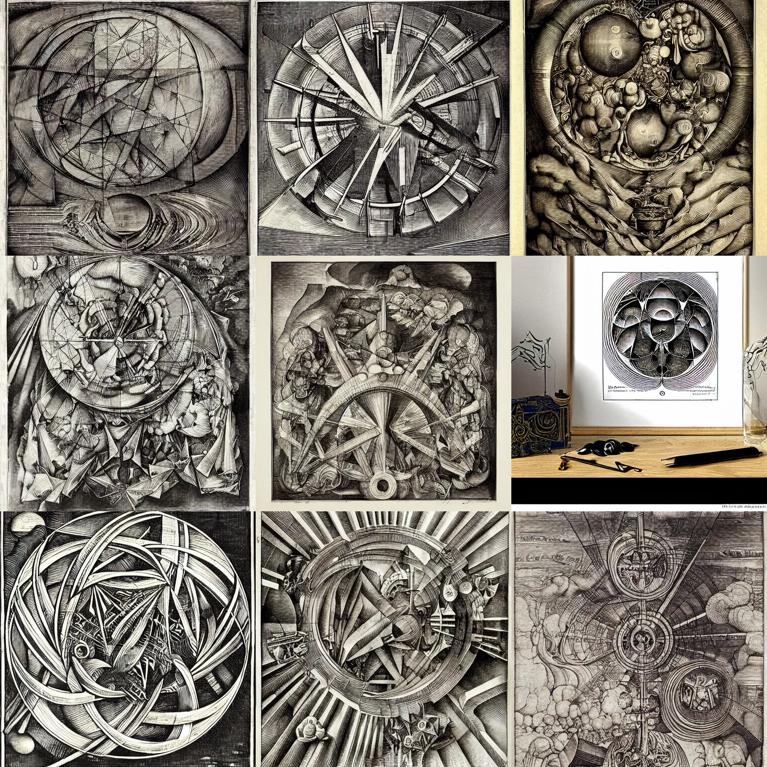 Prompt: abstract art, engine of creation, geometric, engraving by albrecht durer