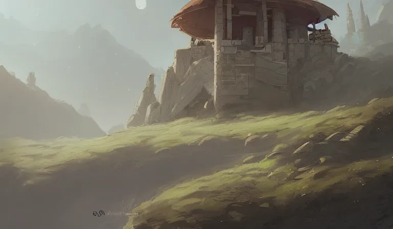 Prompt: A serene landscape with a singular building in the style of Jordan Grimmer.