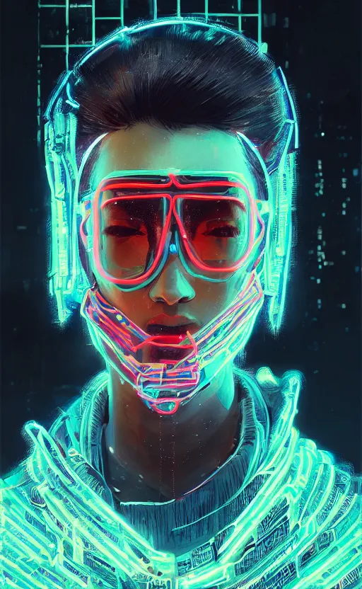 Image similar to detailed portrait virgul, neon operator, cyberpunk futuristic neon, reflective puffy coat, decorated with traditional japanese ornaments by ismail inceoglu dragan bibin hans thoma greg rutkowski alexandros pyromallis nekro rene maritte illustrated, perfect face, fine details, realistic shaded, fine - face, pretty face