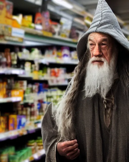 Prompt: gandalf wearing a wizard hat, stacking supermarket shelves, cinematic lighting, gloomy, depressing