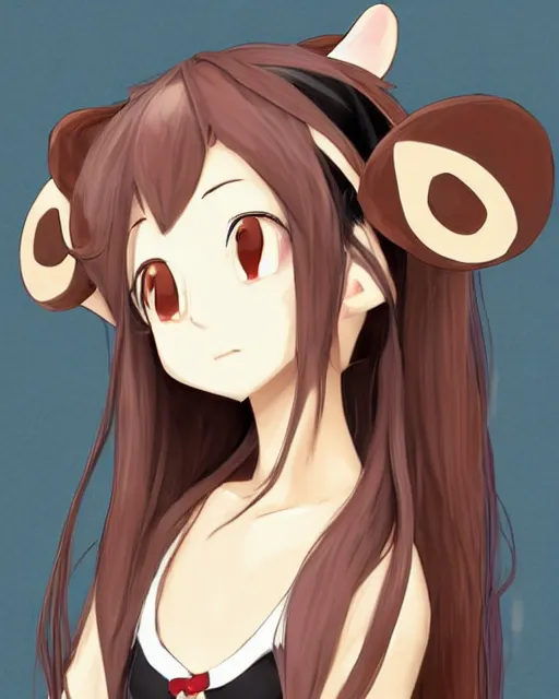 Image similar to A cute wakfu-style frontal painting of a very very beautiful anime skinny mousegirl with long wavy brown colored hair and small mouse ears on top of her head wearing a cute black dress and black shoes looking at the viewer, elegant, delicate, feminine, soft lines, higly detailed, smooth , pixiv art, ArtStation, artgem, art by alphonse mucha Gil Elvgren and Greg rutkowski, high quality, digital illustration, concept art, very long shot, sea of thieves illustration