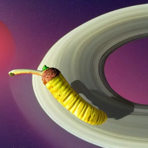 Image similar to a realistic photo of a hungry banana eating a pickle on Saturn, realistic, 3D render, 8k,