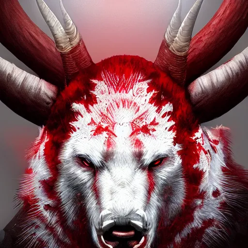 Prompt: a red and white bear with horns, stunning artwork, artstation, hyper - detailed digital art, fear, anguish, menacing,