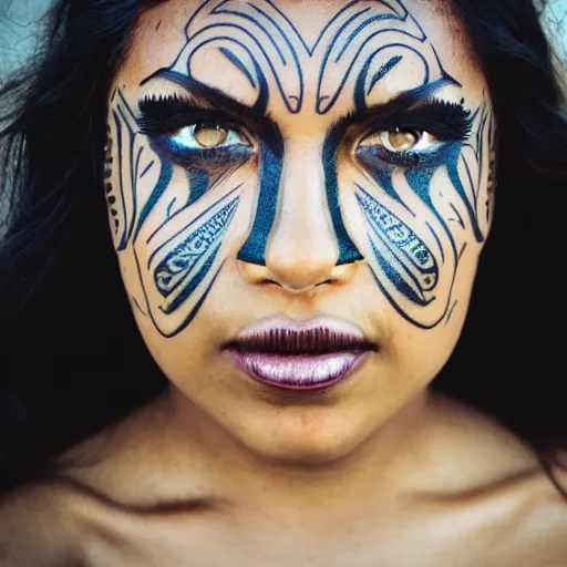 Prompt: portrait photo of a beautiful woman face with tribal tattoos on face, golden hour, 8 0 mm lens