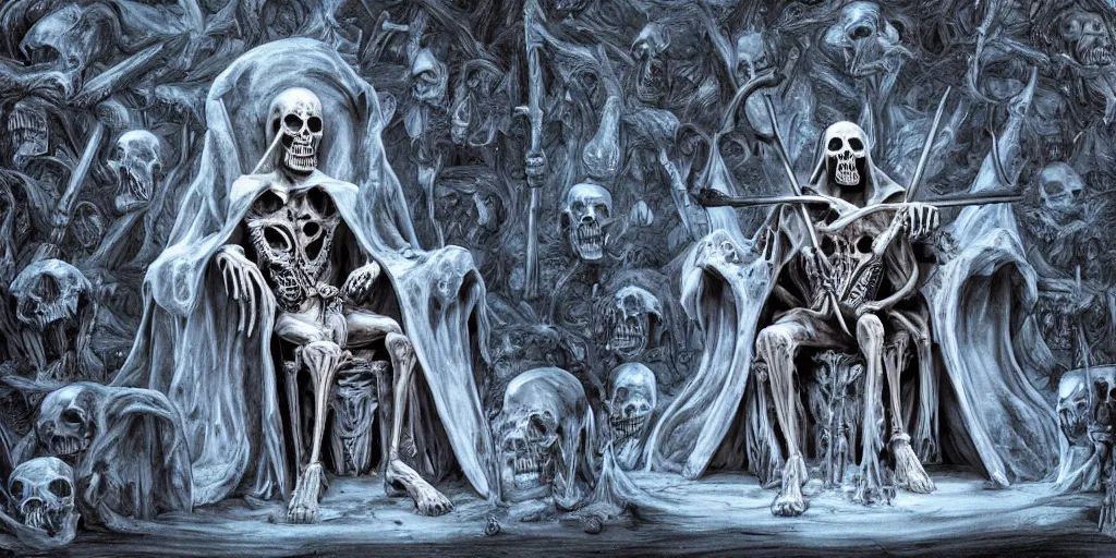 Image similar to Grim reaper sitting on a throne made of skulls, wide shot, digital art, fantasy, concept art, highly detailed, dark colors, blue tint,