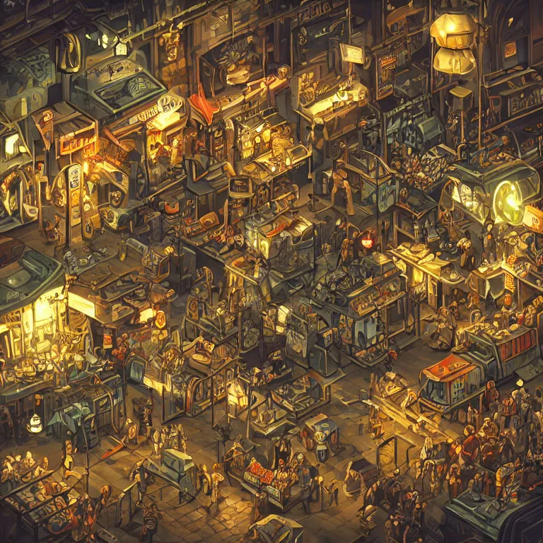 Prompt: fantastic lighting, pixel art, high detail, dieselpunk market, 2 d