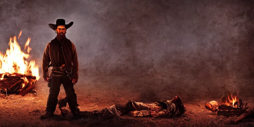 Image similar to portrait of rugged bandit cialien murphy ( ( alone ) ) in the old west, handcuffed by shackles at a campfire, dead body at his feet, volumetric lighting, cinematic, dark, grim