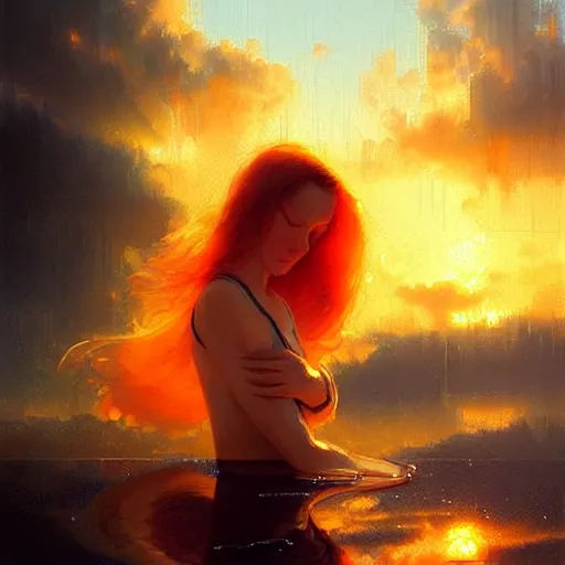 Image similar to glossy liquid honey drops flowing like translucent amber, backlit, sunset, refracted lighting, art by collier, albert aublet, krenz cushart, artem demura