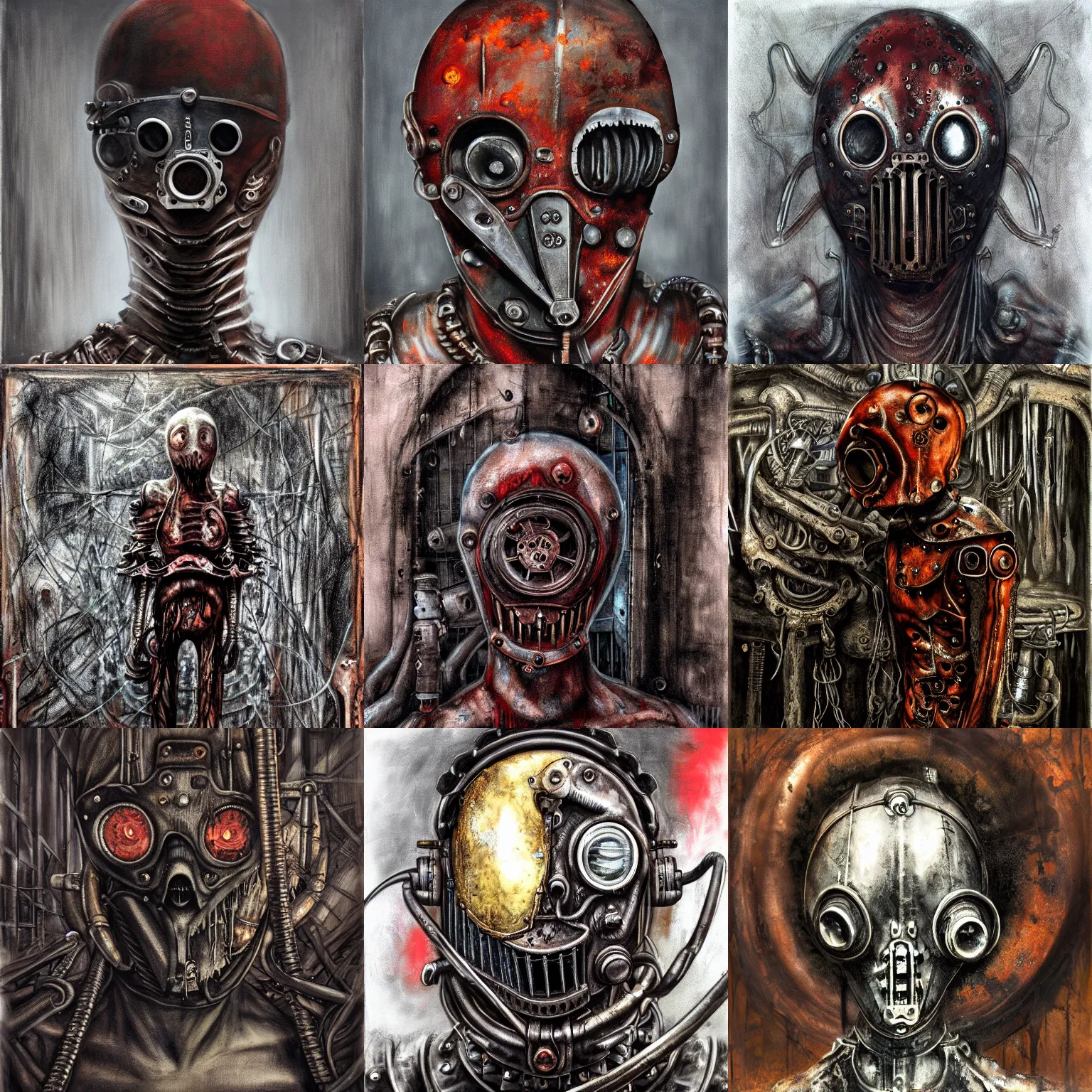 Prompt: an album cover, dark, gothic, cyber, fantasy, rust, metal, rivets, cogwheel, human, creature, mannequin, scuba mask, by giger, masahiro ito, junji ito, rough oil paint, underpainting, highlights