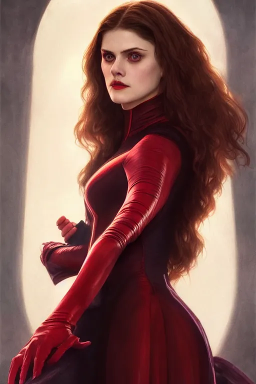 Image similar to alexandra daddario as scarlett witch, realistic portrait, symmetrical, highly detailed, digital painting, artstation, concept art, smooth, sharp focus, illustration, cinematic lighting, art by artgerm and greg rutkowski and alphonse mucha