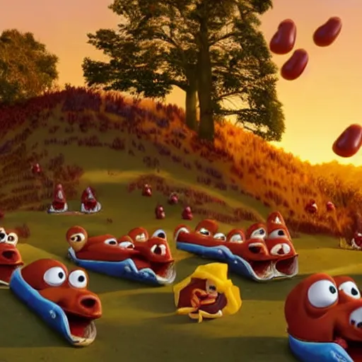 Image similar to pixar still of hotdogs falling from a blue sky at sunset in a steampunk city