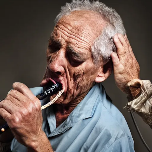 Image similar to national geographic photo of angry old man vomiting audio cables out his mouth