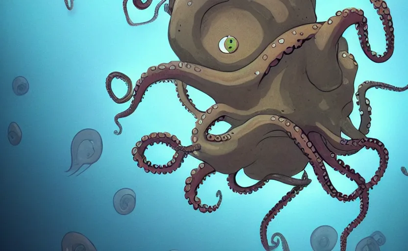 Prompt: cell - shaded cartoon of a miniature anthropomorphic octopus creature at the bottom of the sea. 1 9 7 0 s science fiction, moody, misty, depth perception, 4 k, artstation, in the style of studio ghibli