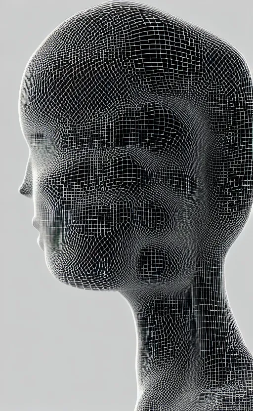 Image similar to black and white complex 3d render of a beautiful profile woman face, vegetal dragon cyborg, 150 mm, beautiful natural soft light, moon rays, silver details, magnolia stems, roots, fine lace, maze like, mandelbot fractal, silver metallic armour, anatomical, facial muscles, cable wires, microchip, elegant, highly detailed, rim light, octane render, H.R. Giger style